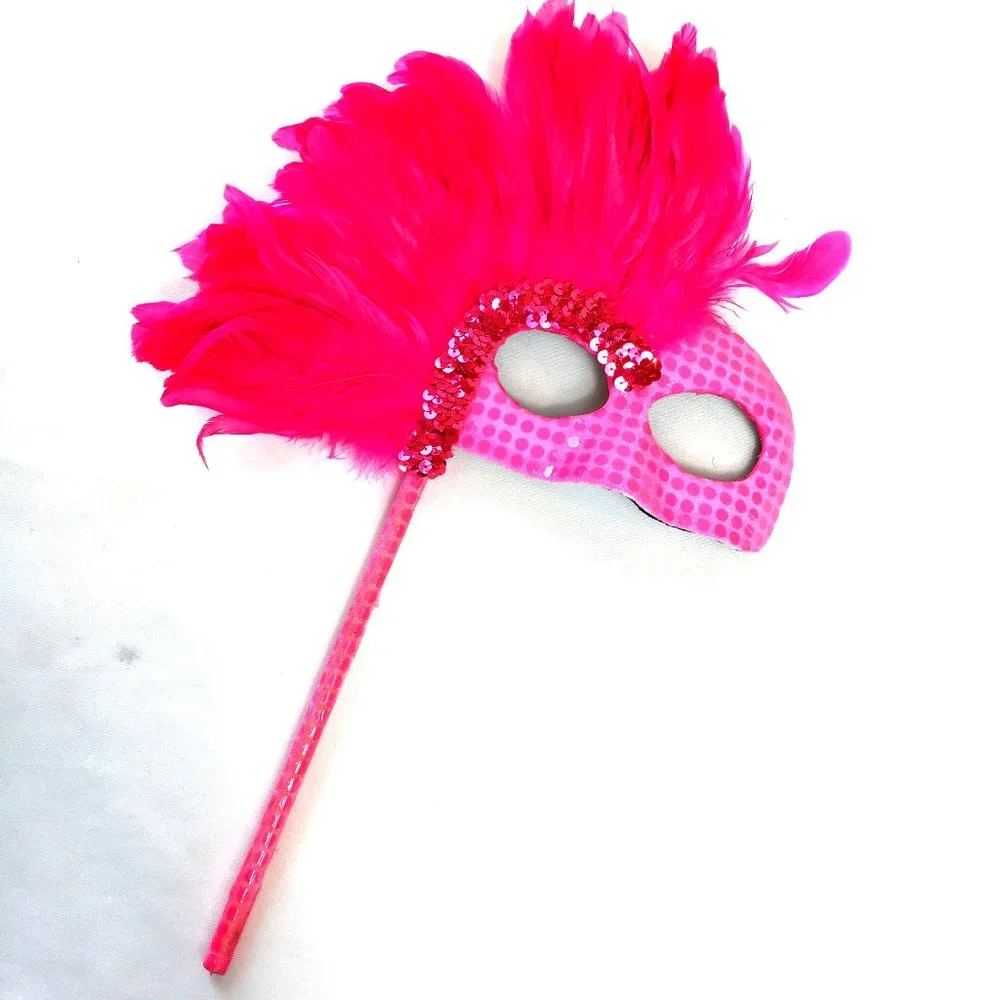VENETIAN Mask Pink Sequin w Pink Feathers W/ Handle * NWOT NOS